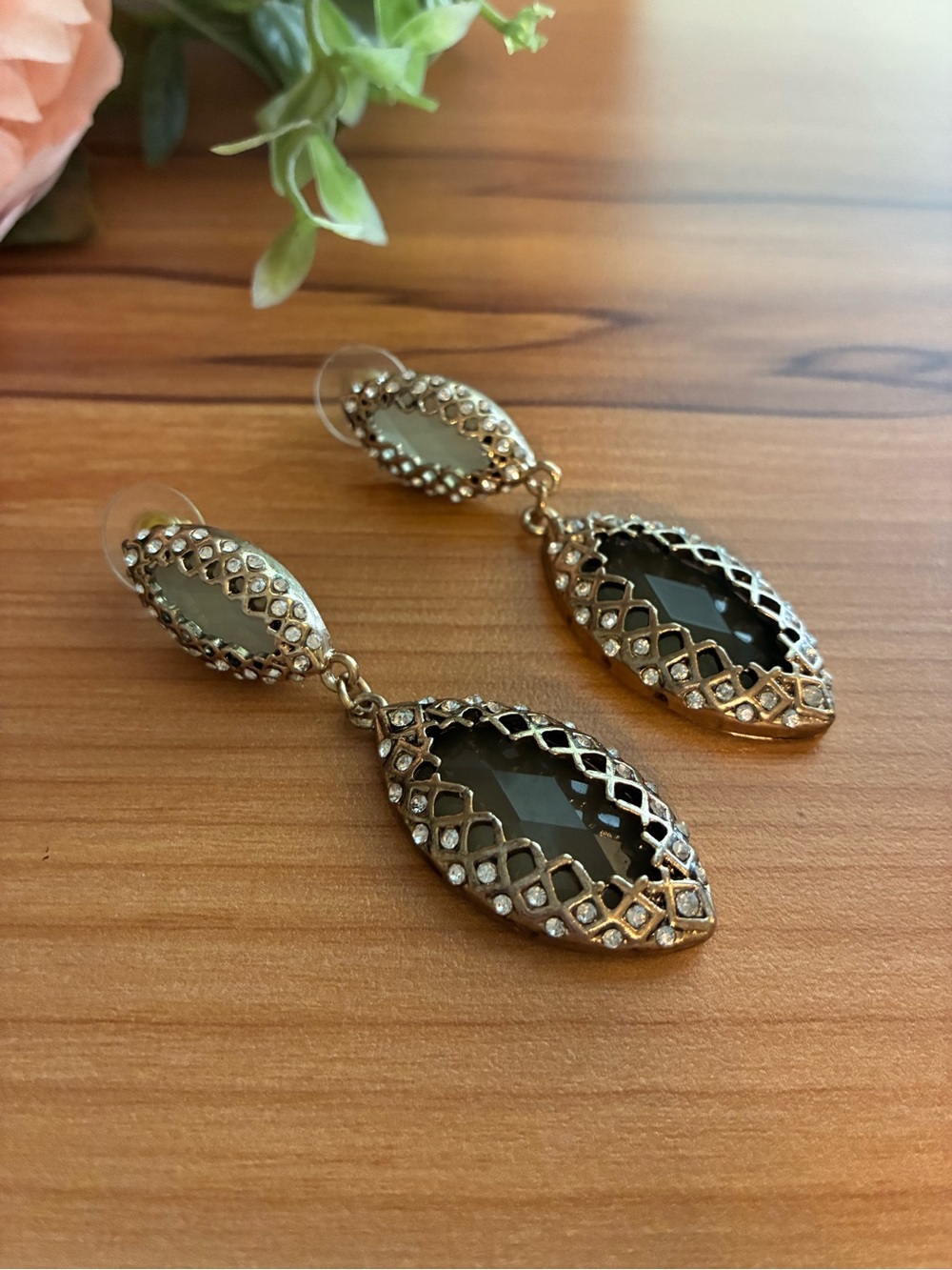 Fashion Jewelry Gray and Gold Filigree Drop Earrings with Crystal Trim